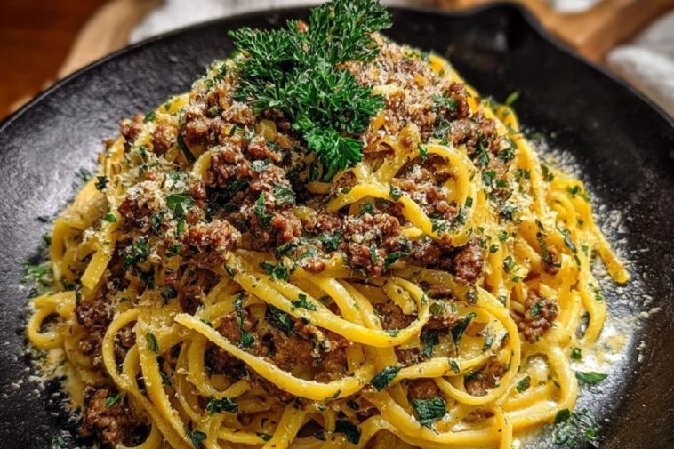 Creamy Parmesan Beef Linguine with Garlic Butter Sauce