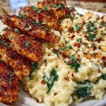 Creamy Parmesan Spinach Rice with Spicy Garlic Chicken