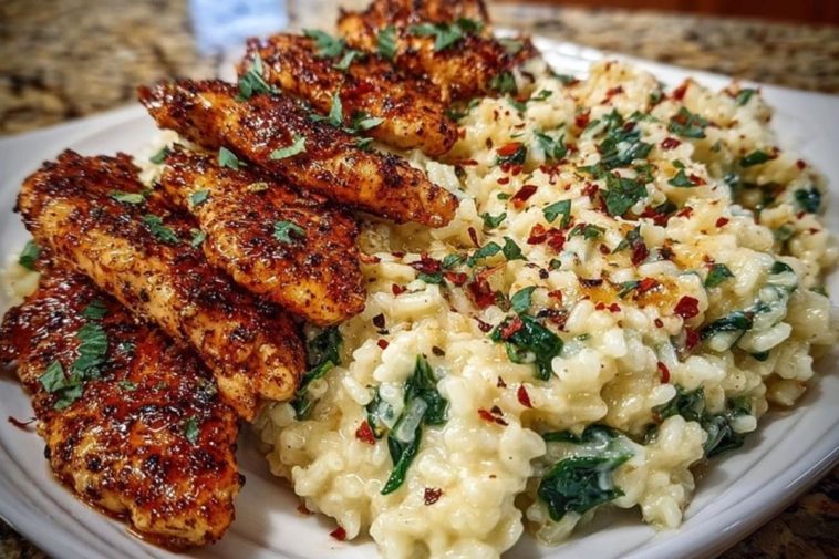 Creamy Parmesan Spinach Rice with Spicy Garlic Chicken