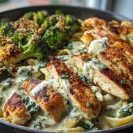Creamy Spinach Artichoke Chicken Alfredo Recipe with Crispy Parmesan Broccoli