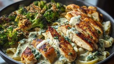 Creamy Spinach Artichoke Chicken Alfredo Recipe with Crispy Parmesan Broccoli