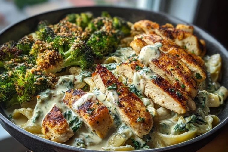 Creamy Spinach Artichoke Chicken Alfredo Recipe with Crispy Parmesan Broccoli