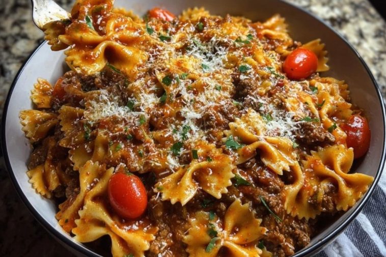 Creamy Velveeta Bowtie Pasta with Italian Beef Marinara