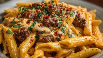 Creamy Velveeta Penne Pasta with Cajun Beef Alfredo Sauce