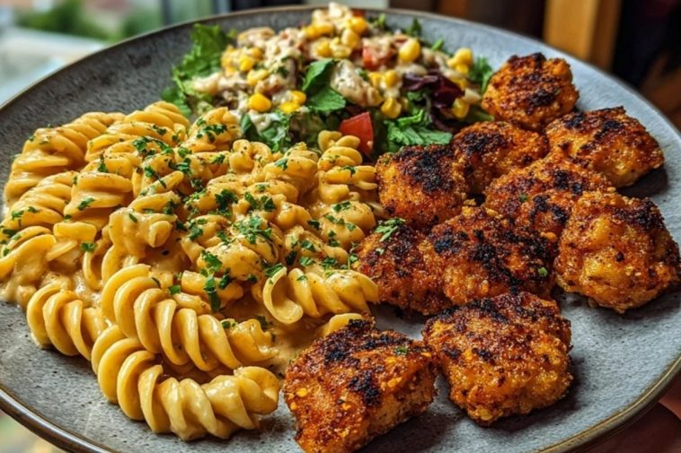 Crispy Chicken Bites & Blackened Cajun Alfredo with Roasted Corn Twists