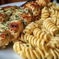 Delicious Creamy Garlic Parmesan Chicken with Cheesy Twisted Pasta