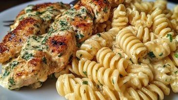 Delicious Creamy Garlic Parmesan Chicken with Cheesy Twisted Pasta