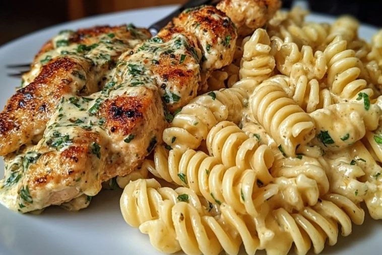 Delicious Creamy Garlic Parmesan Chicken with Cheesy Twisted Pasta
