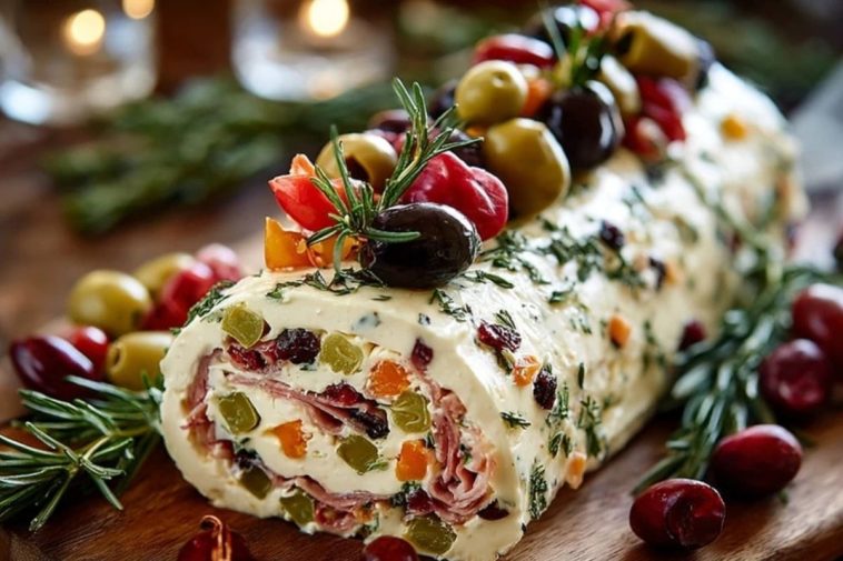 Festive Holiday Antipasto Cream Cheese Log