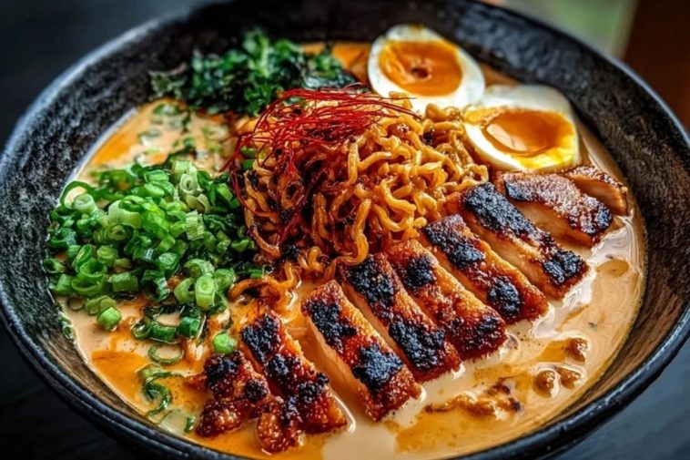 Fiery Chicken Ramen with Creamy Garlic Sauce
