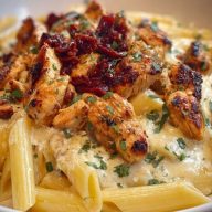 Garlic Butter Chicken Penne with Creamy Three-Cheese Sauce