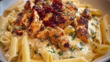 Garlic Butter Chicken Penne with Creamy Three-Cheese Sauce