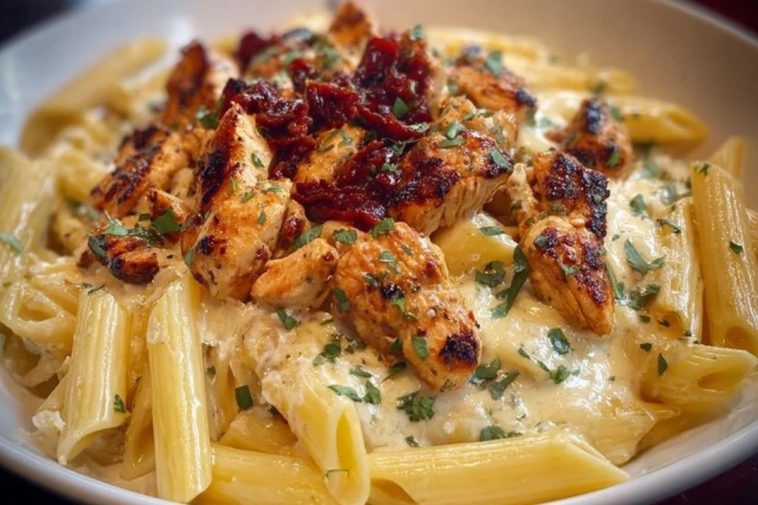 Garlic Butter Chicken Penne with Creamy Three-Cheese Sauce