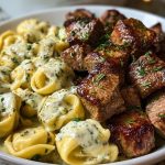 Garlic Butter Steak Bites with Creamy Parmesan Tortellini and Garlic Sauce