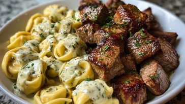 Garlic Butter Steak Bites with Creamy Parmesan Tortellini and Garlic Sauce