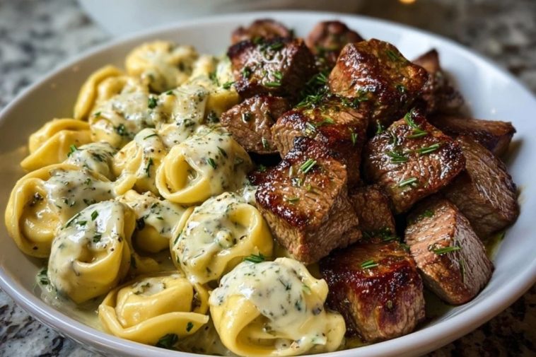 Garlic Butter Steak Bites with Creamy Parmesan Tortellini and Garlic Sauce