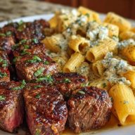 Garlic Butter Steak with Creamy Parmesan Rigatoni