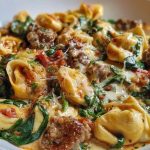 Garlic Butter Tortellini in Creamy Sauce with Beef, Italian Sausage & Spinach