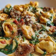 Garlic Butter Tortellini in Creamy Sauce with Beef, Italian Sausage & Spinach