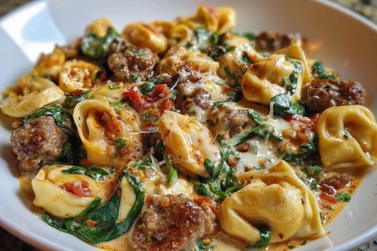 Garlic Butter Tortellini in Creamy Sauce with Beef, Italian Sausage & Spinach