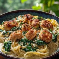 Garlic Chicken Bites & Creamy Cajun Spinach Artichoke Alfredo Pasta