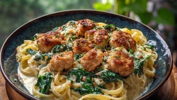 Garlic Chicken Bites & Creamy Cajun Spinach Artichoke Alfredo Pasta