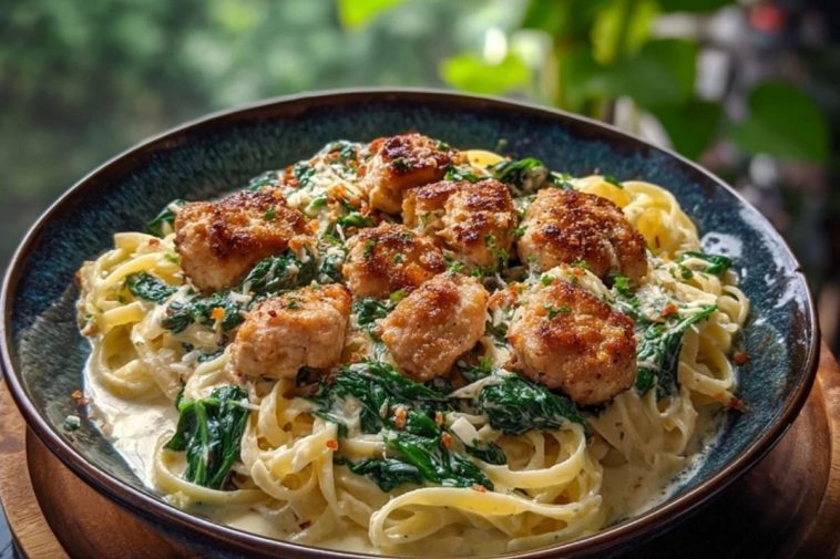 Garlic Chicken Bites & Creamy Cajun Spinach Artichoke Alfredo Pasta