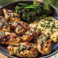 Garlic-Parmesan Chicken Bites Recipe with Sun-Dried Tomato Cajun Alfredo and Charred Broccolini