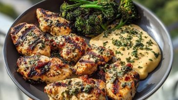 Garlic-Parmesan Chicken Bites Recipe with Sun-Dried Tomato Cajun Alfredo and Charred Broccolini