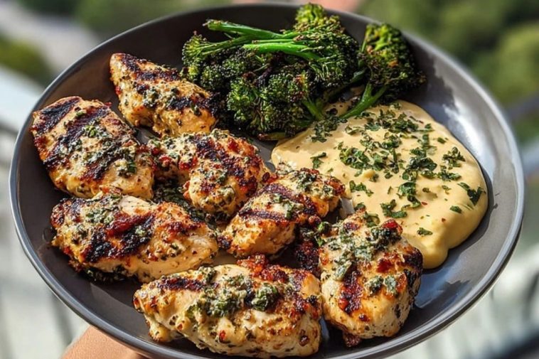 Garlic-Parmesan Chicken Bites Recipe with Sun-Dried Tomato Cajun Alfredo and Charred Broccolini