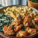 Garlic Parmesan Chicken Bites with Hot Cajun Alfredo & Crispy Spinach Twists