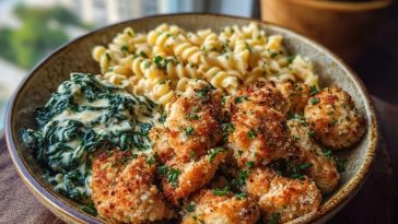 Garlic Parmesan Chicken Bites with Hot Cajun Alfredo & Crispy Spinach Twists