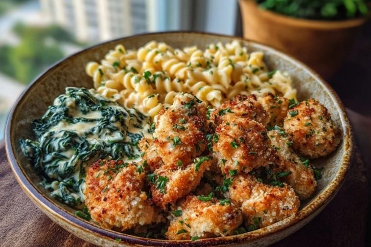 Garlic Parmesan Chicken Bites with Hot Cajun Alfredo & Crispy Spinach Twists