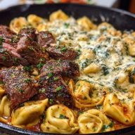 Garlic Steak & Cheese-Filled Tortellini Skillet