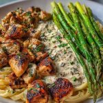 Greek Chili Chicken Alfredo with Smoked Feta Cream & Crispy Parmesan Asparagus
