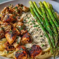 Greek Chili Chicken Alfredo with Smoked Feta Cream & Crispy Parmesan Asparagus