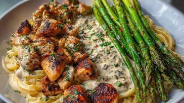 Greek Chili Chicken Alfredo with Smoked Feta Cream & Crispy Parmesan Asparagus