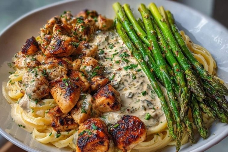 Greek Chili Chicken Alfredo with Smoked Feta Cream & Crispy Parmesan Asparagus