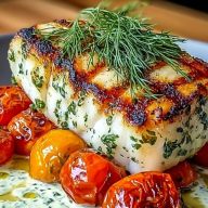 Grilled Cod with Roasted Tomatoes & Creamy Dill Sauce