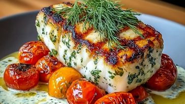 Grilled Cod with Roasted Tomatoes & Creamy Dill Sauce