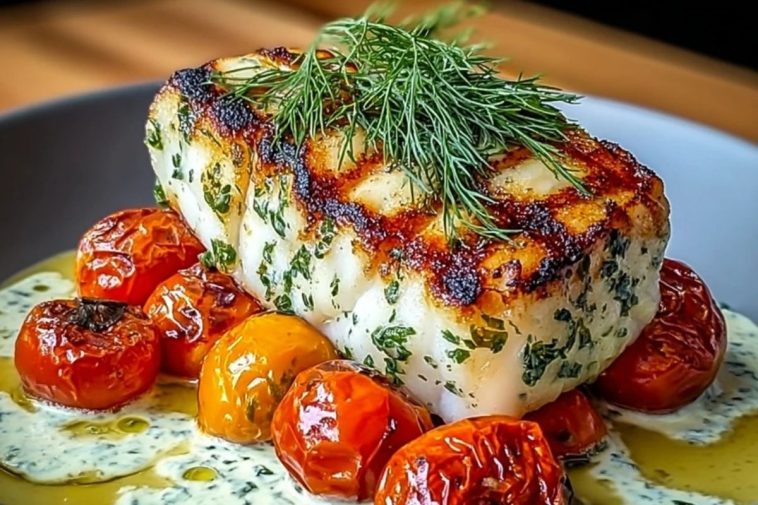 Grilled Cod with Roasted Tomatoes & Creamy Dill Sauce