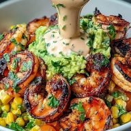 Grilled Shrimp Bowl with Avocado, Corn Salsa & Creamy Sauce