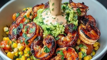 Grilled Shrimp Bowl with Avocado, Corn Salsa & Creamy Sauce
