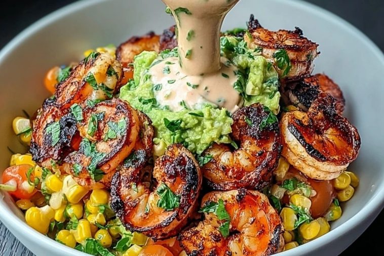 Grilled Shrimp Bowl with Avocado, Corn Salsa & Creamy Sauce
