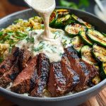 Grilled Steak Bowl with Creamy Sauce & Grilled Zucchini