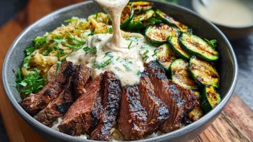 Grilled Steak Bowl with Creamy Sauce & Grilled Zucchini