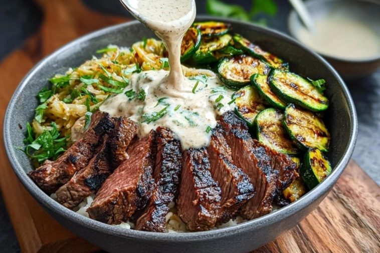 Grilled Steak Bowl with Creamy Sauce & Grilled Zucchini