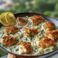 Herbed Chicken Alfredo with Truffle Feta Cream & Crispy Parmesan Leeks