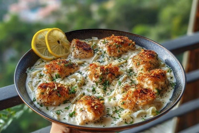 Herbed Chicken Alfredo with Truffle Feta Cream & Crispy Parmesan Leeks
