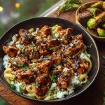 Hot Honey Balsamic Chicken Alfredo with Whipped Feta & Crispy Brussels Chips